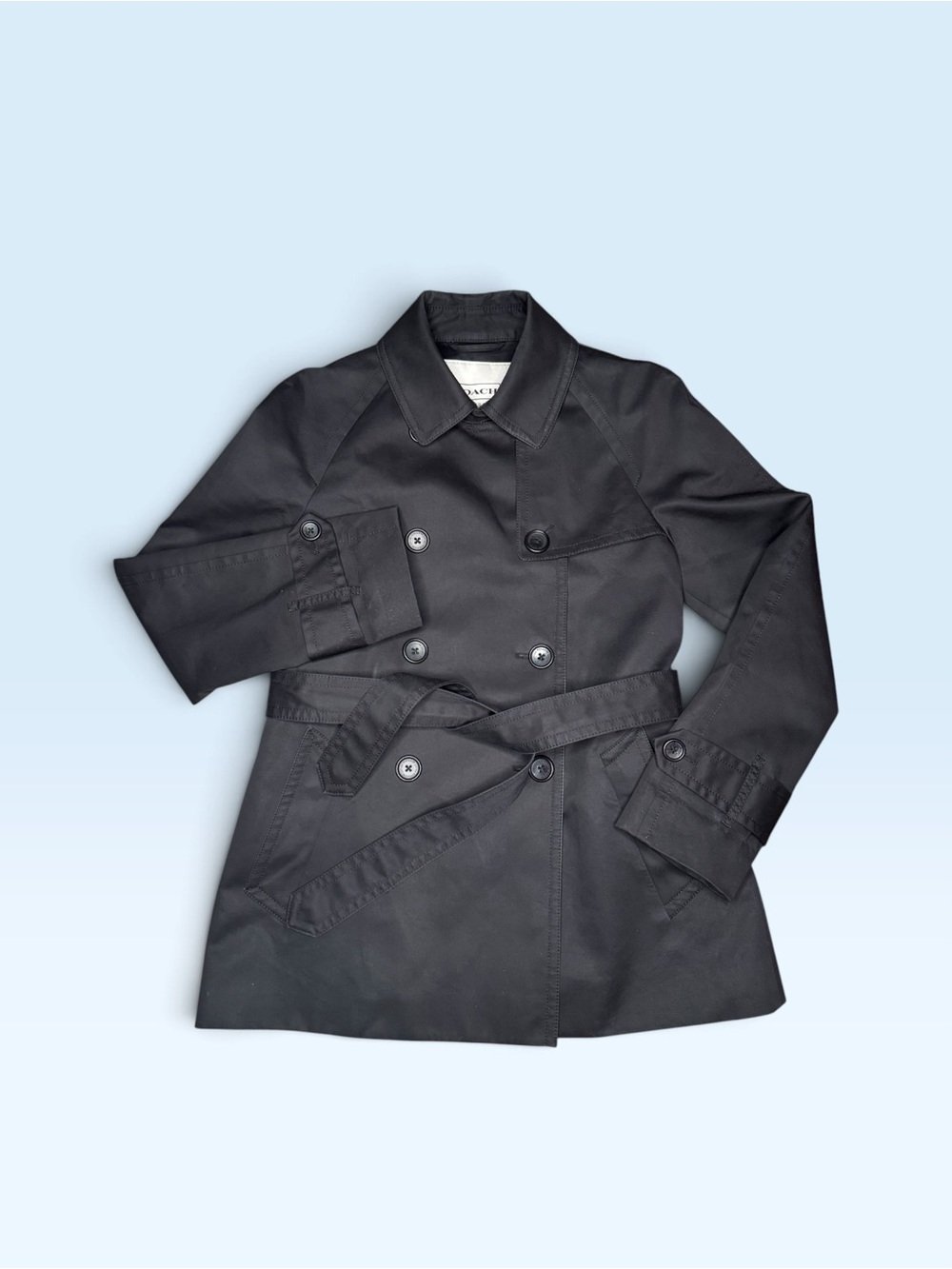 Coach Black Double-Breasted Short Trench Coat with Belt